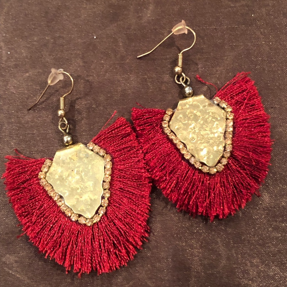 Burgundy and Gold Fan Earrings